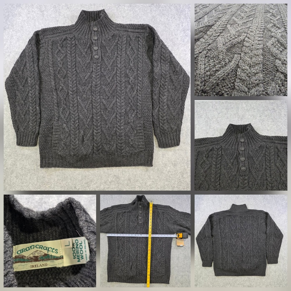 Aran Crafts Sweater Mens Large Gray Merino Wool Henley Mock Neck Knit Pullover